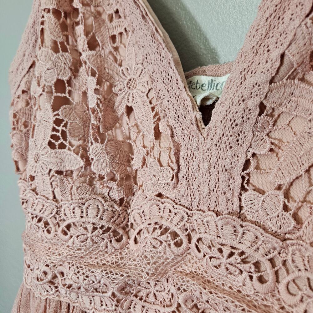 Rebellion Again Dust Rose Lace Tiered Ruffle Mini Dress L (Jrs) Boho Romantic